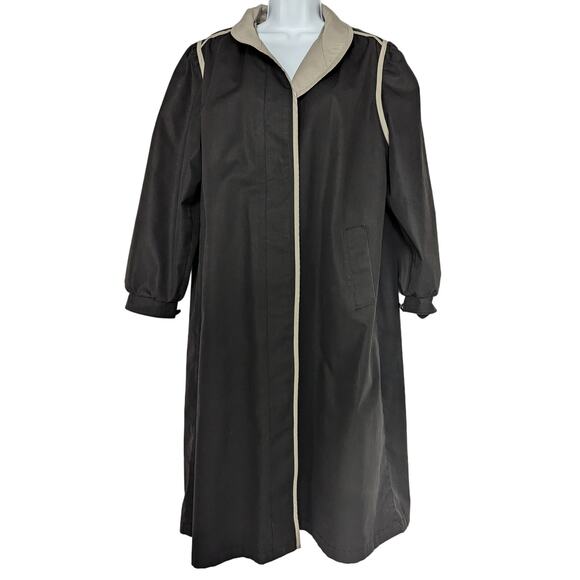 Women’s Black Contrast Trim Button Front Coat Mid-Length Trench Style - Picture 1 of 14